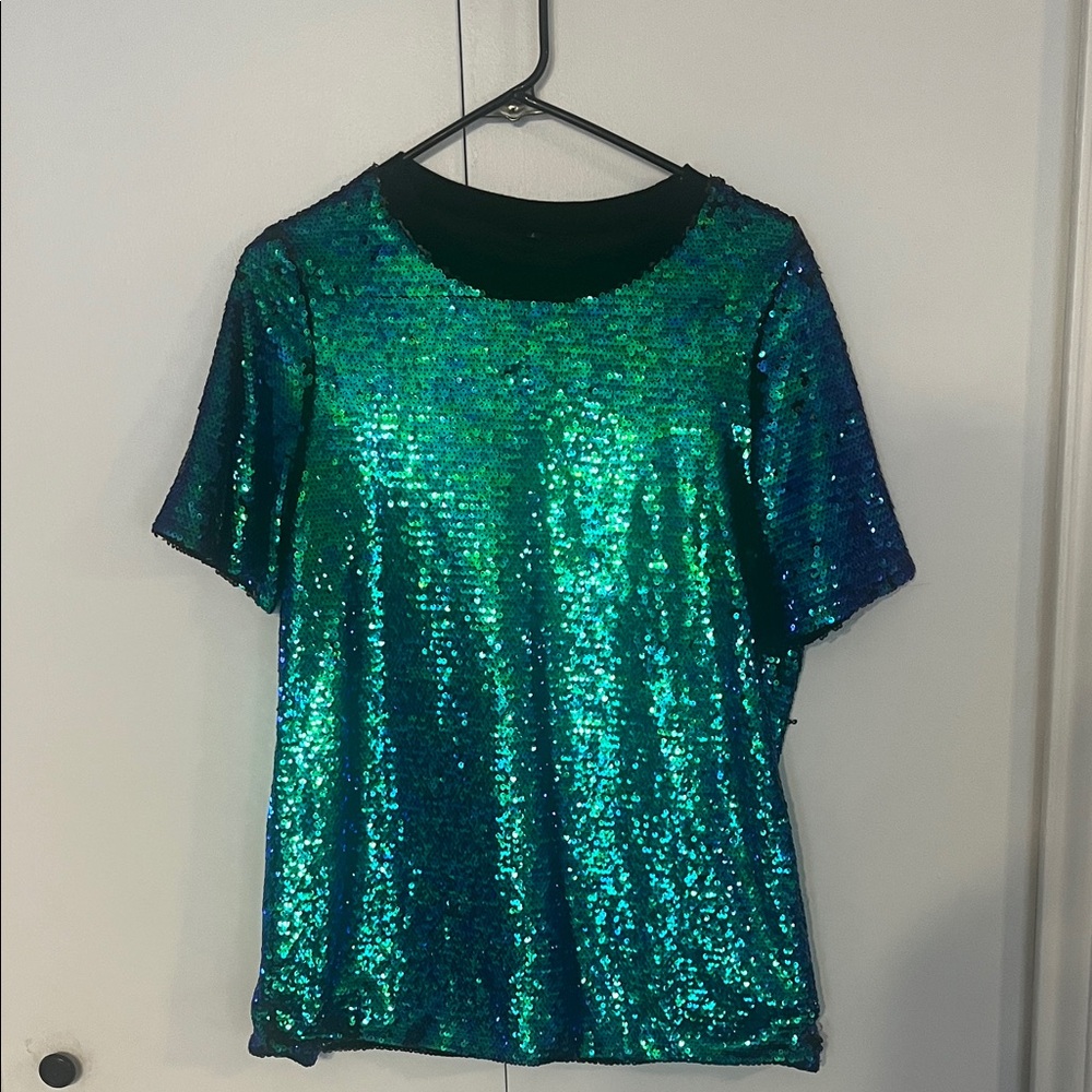 SHEIN Emerald Sequin Short Sleeve Top
